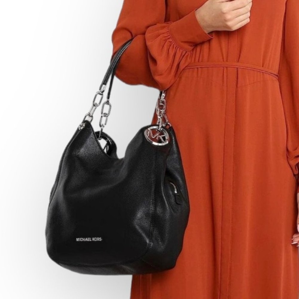 Michael Kors Black Leather Fulton Large Chain Shoulder Bag